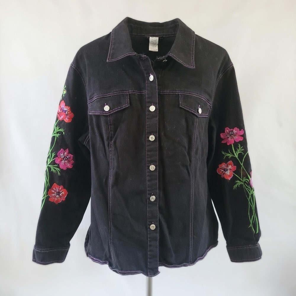 Bob Mackie Wearable Art Button Up Black Denim Jacket Embroidered Florals 1X